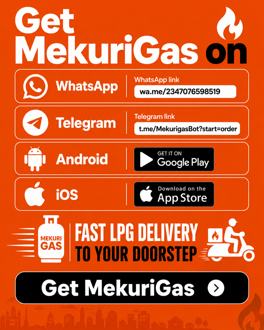 Get MekuriGas on WhatsApp, Telegram, Android, or iOS for fast LPG delivery
